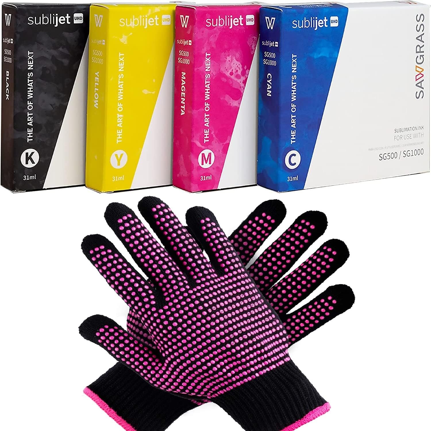 Sawgrass SubliJet UHD Sublimation Inks SG500 & SG1000 4 Pack - Bundle with SUBLIMAX Heat Resistant Gloves, SG500 Cyan Yellow Magenta Black