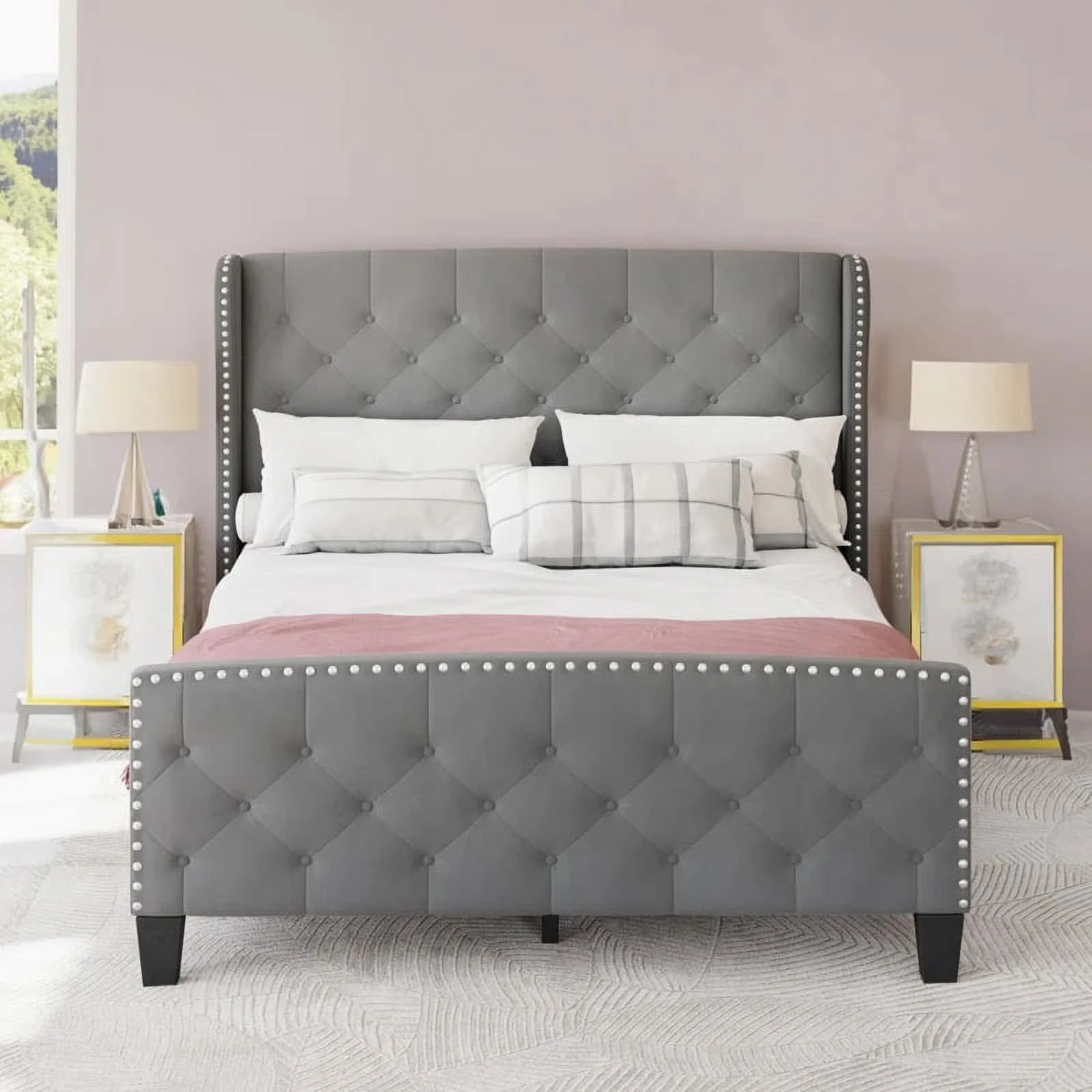 Dextrus Upholstered Bed Frame Queen Size, Platform Bed Base with Velvet Headboard & Footboard, Wingback Upholstered Bed Frame Mattress Foundation, No Box Spring Needed, Grey