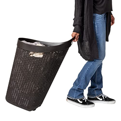 Mind Reader 60L Rolling Laundry Hamper, Clothes Basket, Wheels, Wicker Style, Plastic, 19.5