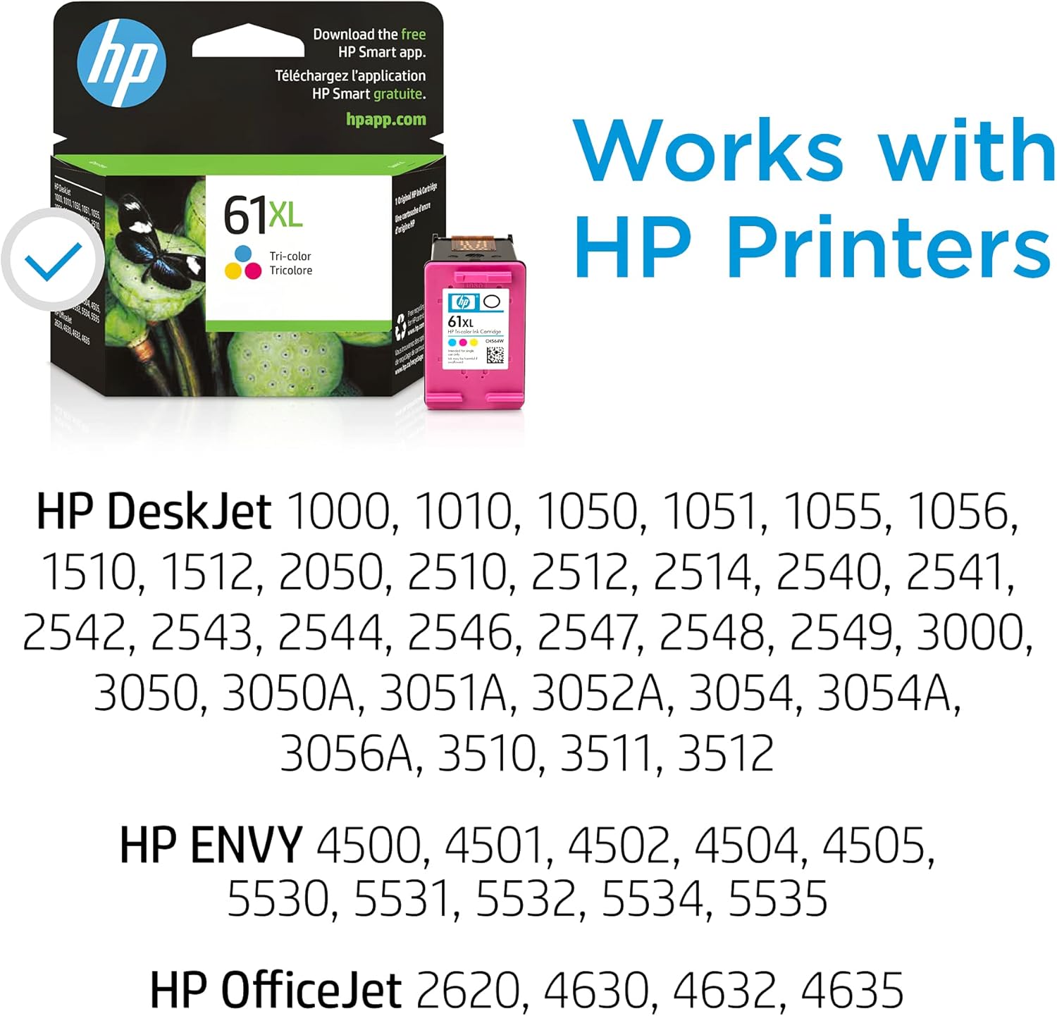 Original HP 61XL Tri-color High-yield Ink | Works with DeskJet 1000, 1010, 1050, 1510, 2050, 2510, 2540, 3000, 3050, 3510; ENVY 4500, 5530; OfficeJet 2620, 4630 | Eligible for Instant Ink | CH564WN Pack of 2
