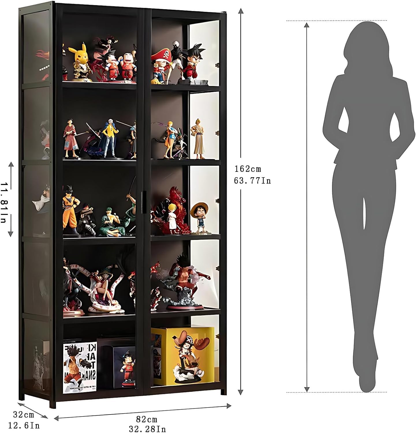 5-Tier Curio Display Cabinet, Storage Shelves with Acrylic Glass Door, Collectibles Toy Organizers Rack & Display Shelf, Kids Bookshelf and Bookcase for Playroom, Bedroom