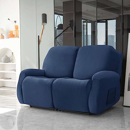 Stretch recliner couch covers 4 Seat 10-piece, Soft Velvet reclining sofa slipcover Non Slip with Pocket Armchair Covers Furniture Protector-Royal blue-4 Seat