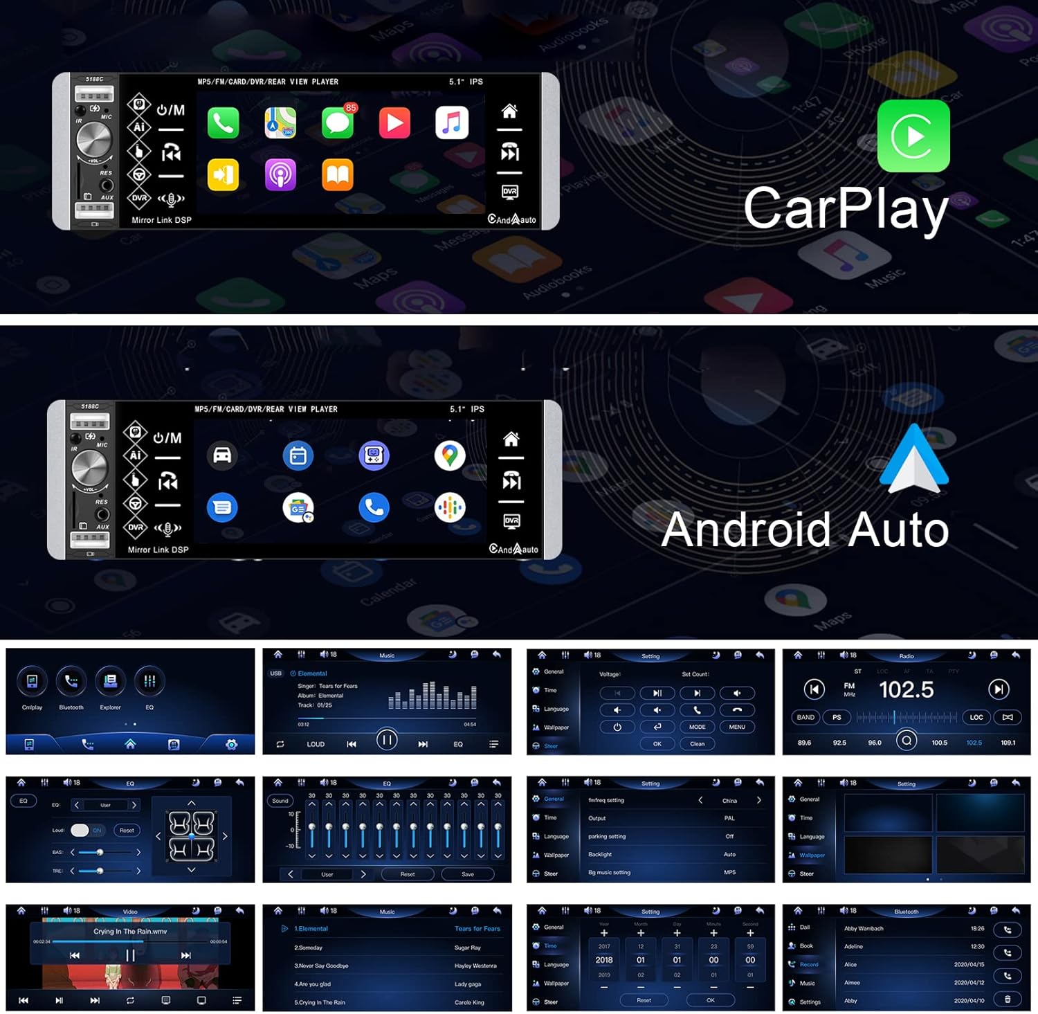 Single Din Car Stereo 5.1 Inch Touchscreen Radio with Carplay & Android Auto Support Bluetooth Voice Control DVR FM RDS AM Tuner, 1 Din Head Unit with USB/SD/Aux + SWC, Microphone and Backup Camera