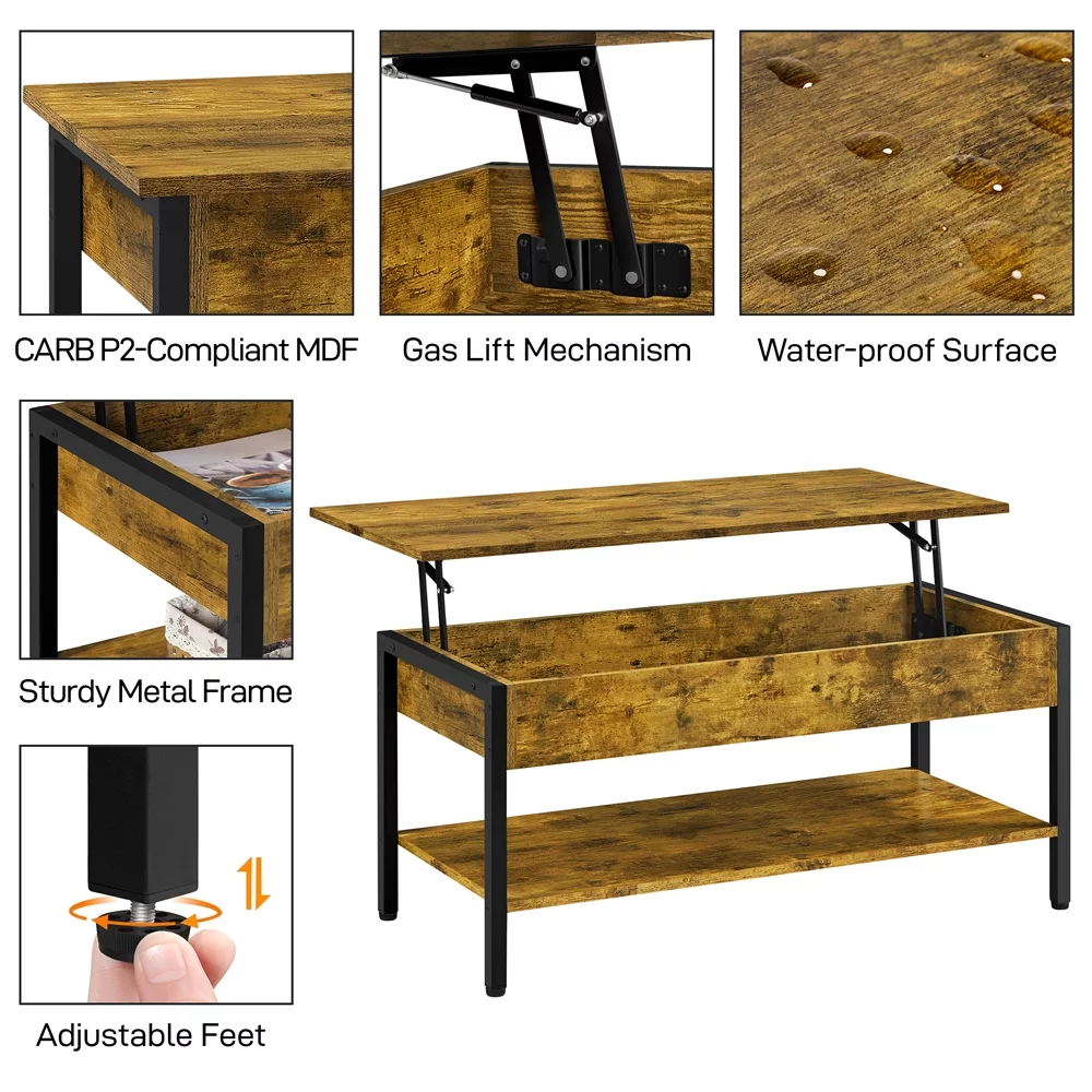 Alden Design Wood Lift Top Coffee Table with Hidden Compartment for Home, Rustic Brown