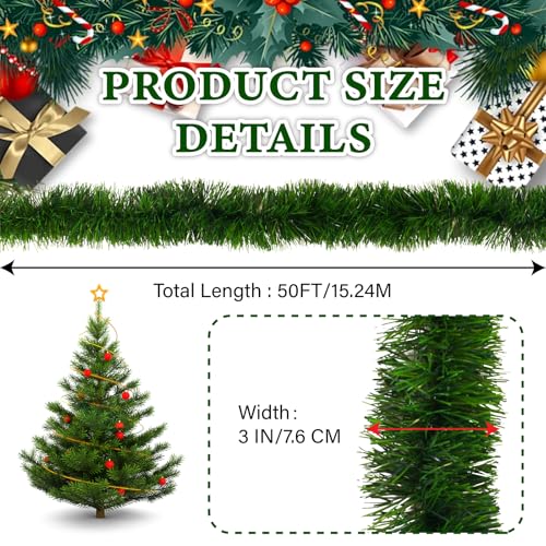 50FT Green Christmas Garland Decorations, Christmas Artificial Pine Greenery Garland Outdoor Indoor Decor, Straight Faux PVC Soft Garland for Stairs Railing Fireplace Window Mantle Home Party Decor