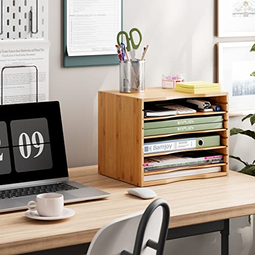 Bamjoy Bamboo 5 Tier Desktop Organizer, Paper Organizer Mail Sorter, File Holder Letter Document Storage with Adjustable Shelves for School Home Office, Natural