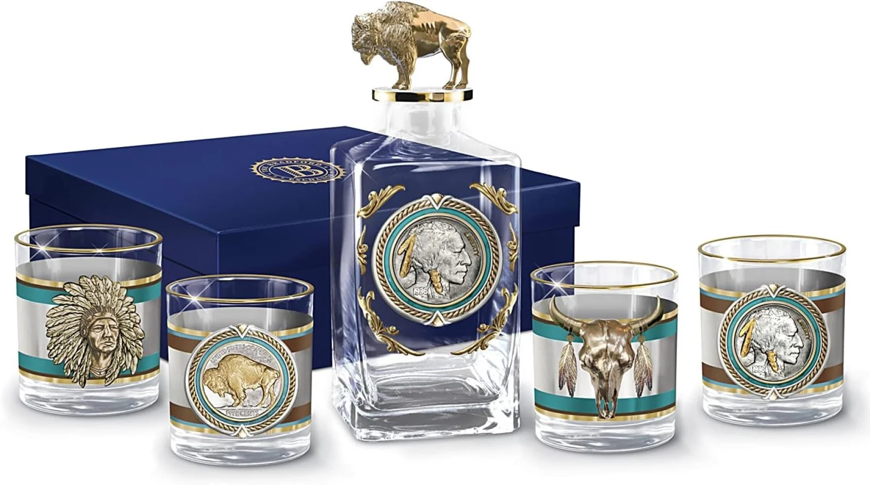 The Bradford Exchange Pride of The West Decanter and Glass Set American Western Buffalo Nickel Inspired Collection with 12K Gold Rims in Satin Gift Box 5 Pieces
