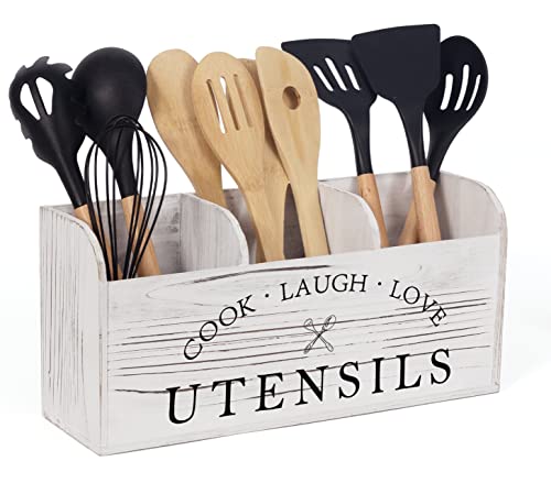Kitchen Utensil Holder Wooden Farmhouse Utensil Holders for Countertop Rustic Utensil Holder for Kitchen Counter Wood Cooking Utensil Holder Storage Organizer for Home Decor (Wood 01)