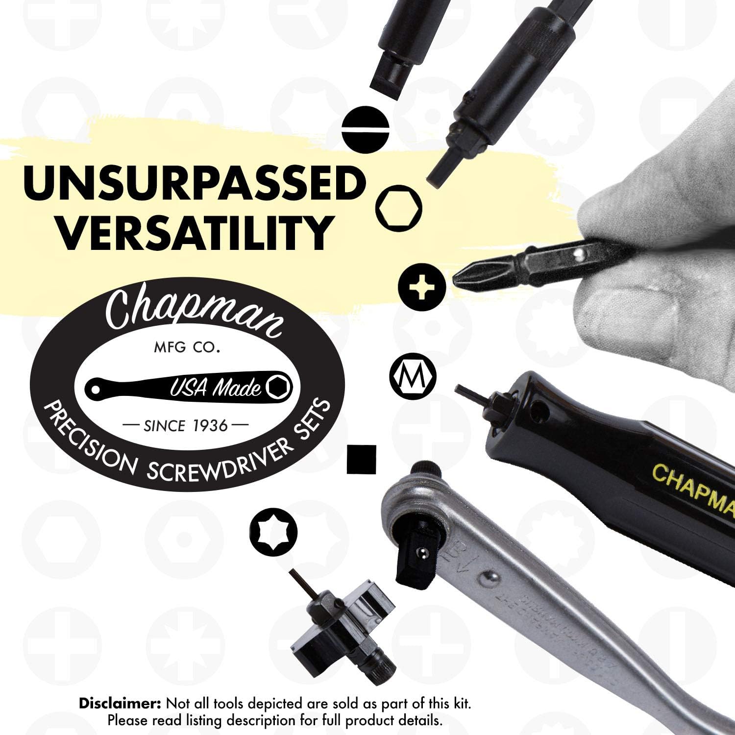 Chapman MFG 7331 All-Purpose Standard Screwdriver Set - Includes Phillips, SAE Allen Hex & Slotted/Flathead Bits - Complete Set Offers 24 USA Made Insert Bits + Mini Ratchet Hand Tool (Yellow Case)