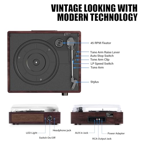 Vinyl Record Player Turntable with Built-in Bluetooth Receiver & 2 Stereo Speakers, 3 Speed 3 Size Portable Retro Record Player for Entertainment and Home Decoration(Orange)