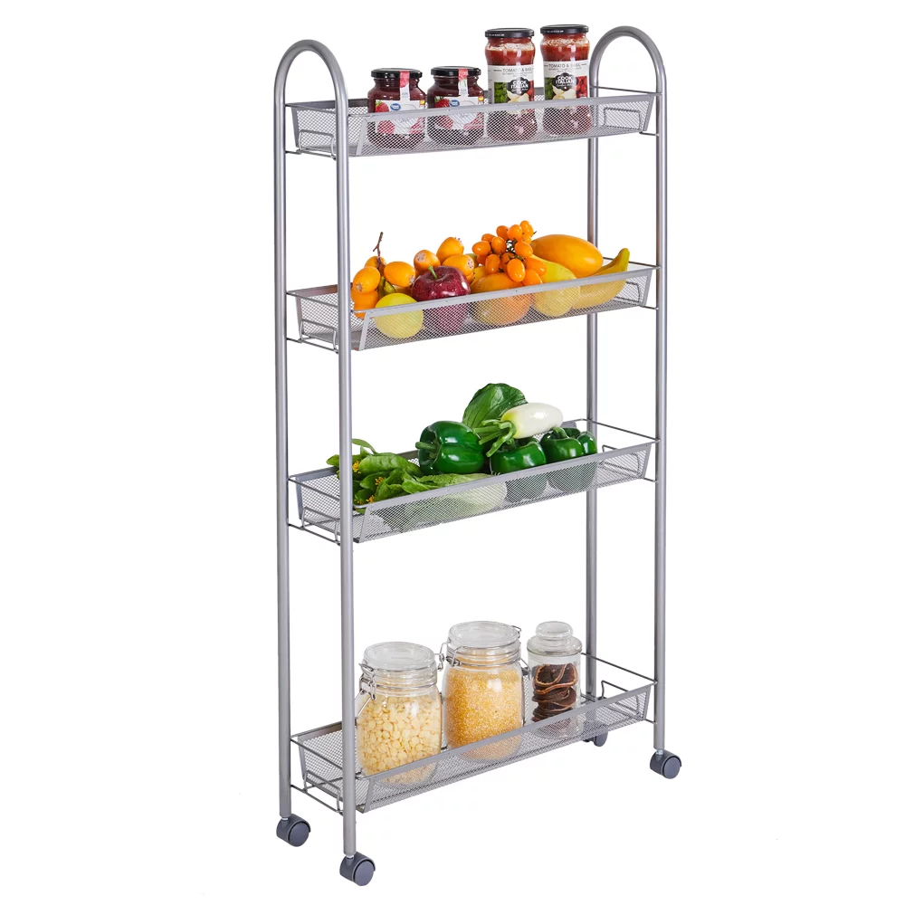 4 Tier Slim Storage Cart Mobile Shelving Unit Organizer Slide Out Storage Rolling Utility Cart Tower Rack for Kitchen Bathroom Laundry Narrow Places, Plastic & Stainless Steel, Silver