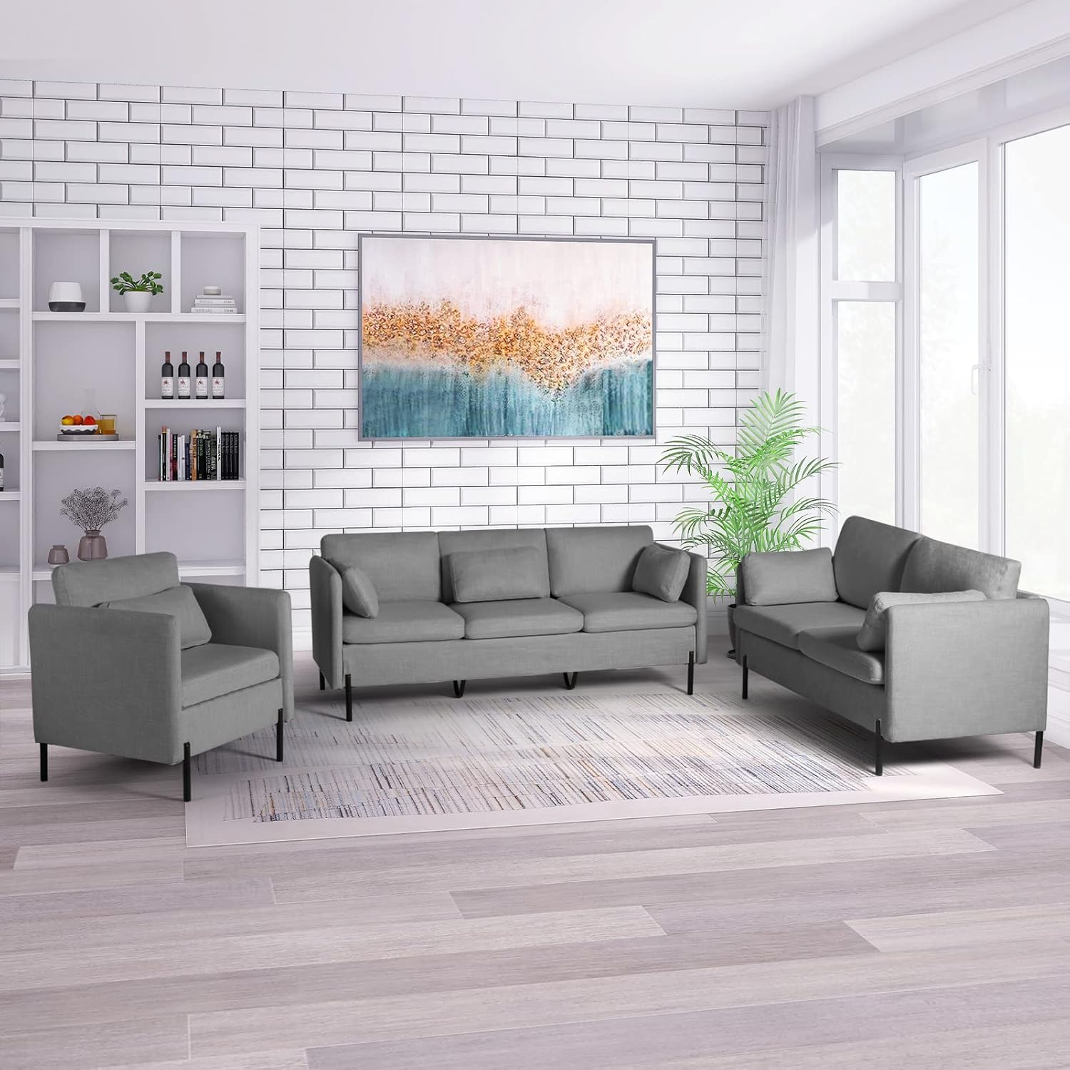 3 PCS Living Room Sofa Set, Modern Upholstered Armchair Loveseat Couches w/Rectangle Pillows, Including 3-Seater Sofa, Loveseat and Sofa Chair, Sectional Sofa Set for Office, Bedroom, Apartment Grey