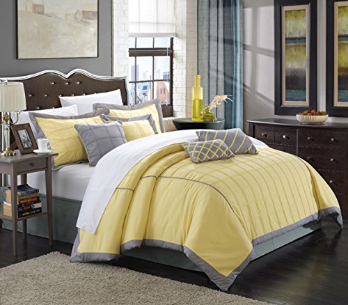 Chic Home 111CQ111-AN 8 Piece Rhodes Pintuck Color Block Comforter Set, Queen, Yellow
