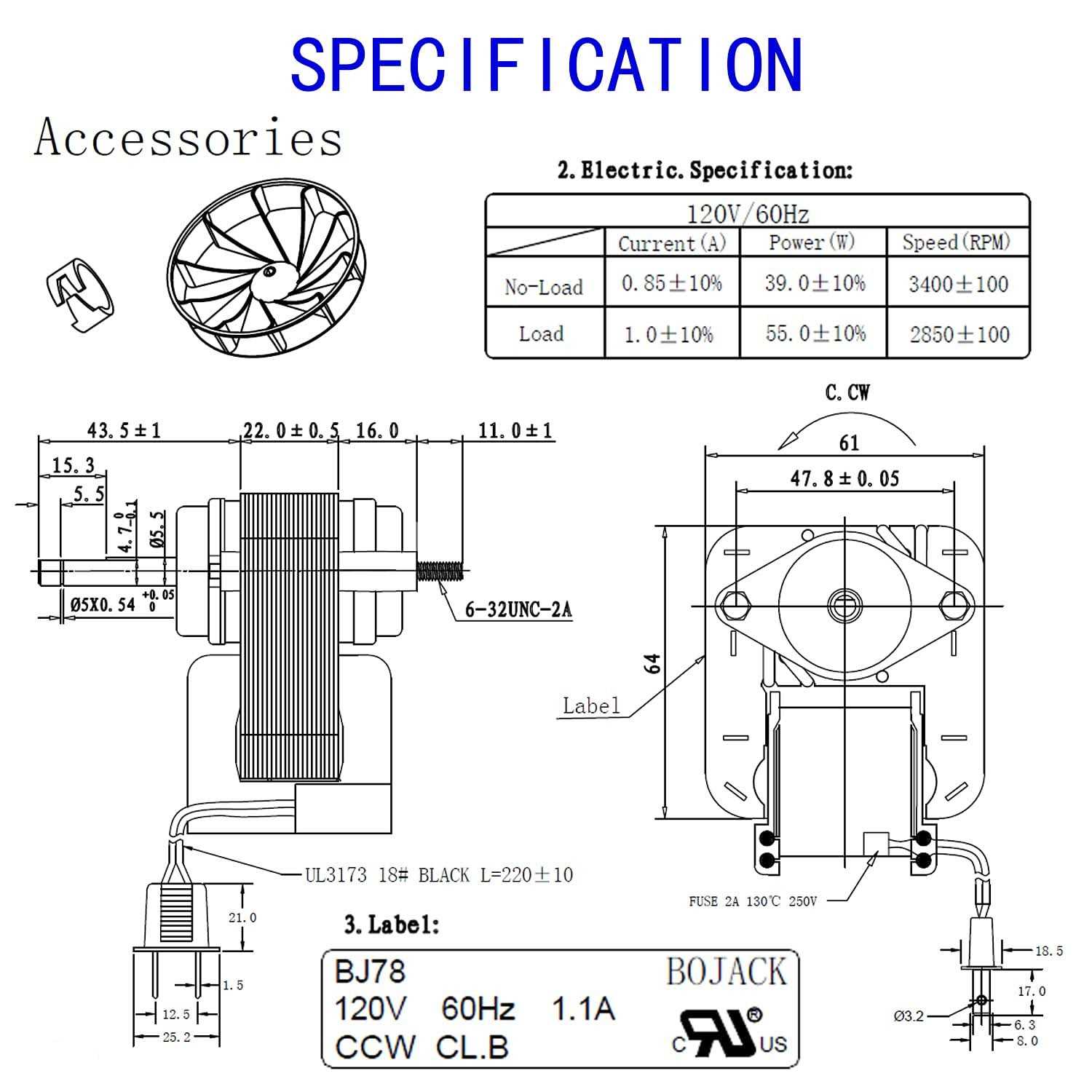 Bojack Yjf6178 Bathroom Vent Fan Motor 70cfm 120v 60hz 1.1A Replacement for Model N678,N655 - Shop Hardware Tools Online Store
