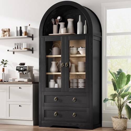 Kitchen Pantry Cabinet, Arched Bookshelf Bookcase China Pantry Storage Cabinet with Drawers Doors and Shelves,71“ Tall Food Pantry Funiture for Living Room,Dining Room (Black)