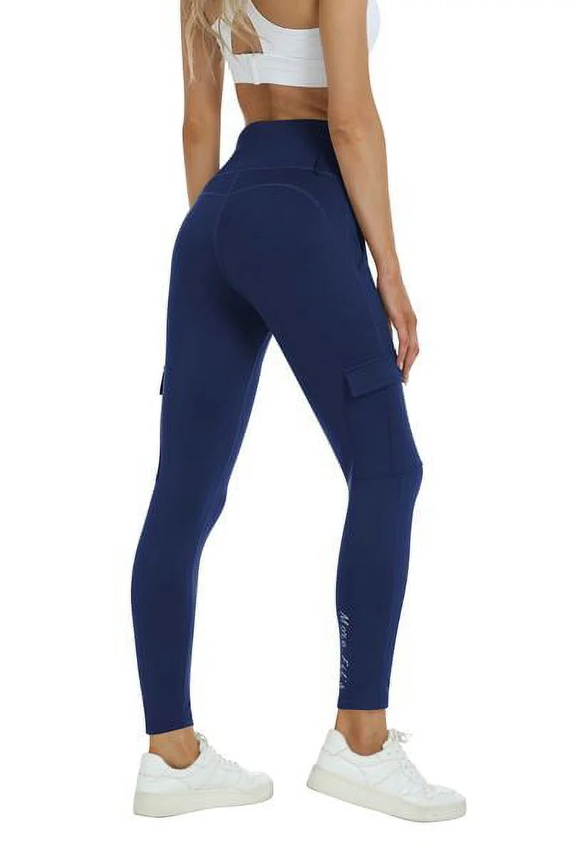 Mofiz Womens Yoga Pants With Pockets High Waisted Leggings Outdoor Running Pants Navy blue Size S-XL