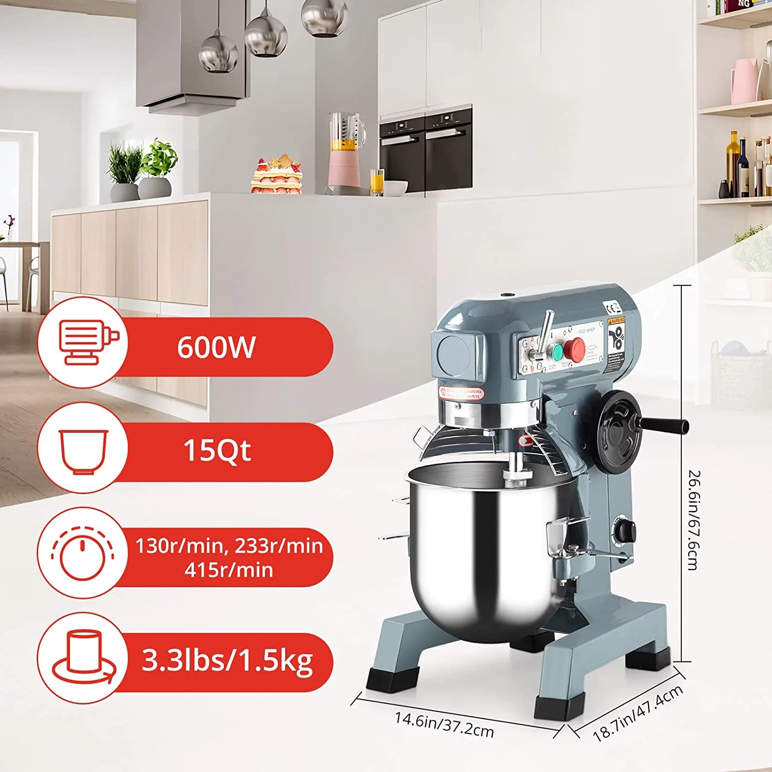 15Qt Food Mixer, 600W, 3-Speed Commercial Stand Mixer with tainless steel bowl, dough hook, whisk, Heavy duty mixer with safety guard, perfect for bakeries, restaurants, pizzerias and kitchens