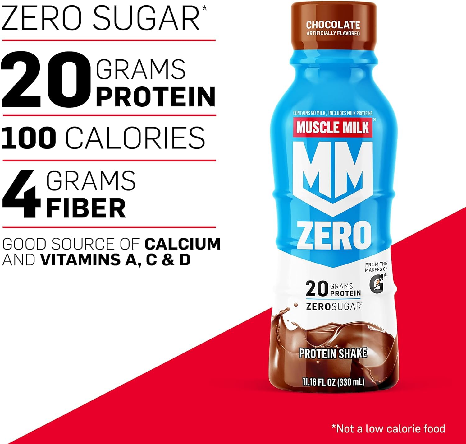 Muscle Milk Zero Protein Shake, Zero Sugar, 100 Calories, Calcium, Vitamins A, C & D, 4g Fiber, Energizing Snack, 11.16 Fl Oz (Chocolate/Vanilla) Pack of 4