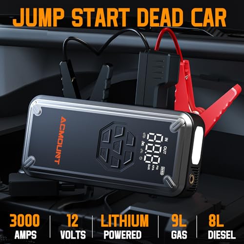 Jump Starter, 3000A Car Jump Starter with Tire Inflator Portable Air Compressor, 150PSI Tire Inflator with LCD Display, 12V Car Battery Booster Pack for Up to 9.0 Gas/8.0L Diesel, LED Light