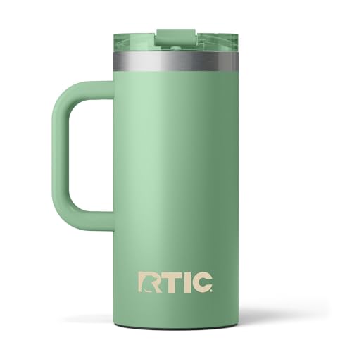 RTIC 20oz Road Trip Travel Mug with Lid and Handle, Insulated, Stainless Steel, Metal, Double Wall Vacuum-Insulation, Ceramic Lined, Portable Coffee, Tea Cup for Hot and Cold Drink, Beach