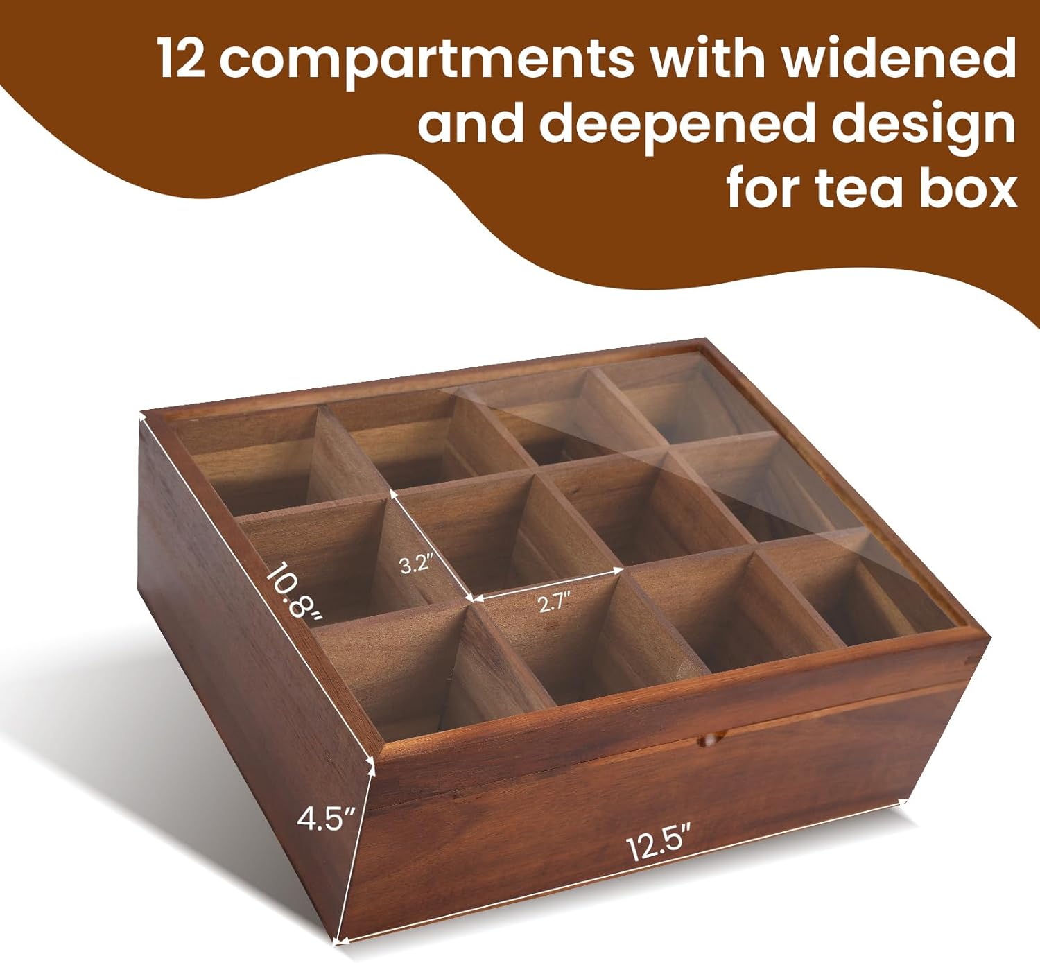 Acacia Wooden Tea Bag Organizer and storage box, 12 Compartments tea holder organizer,tea chest with Clear Acrylic Top Window and Magnetic Lid (Upgraded）