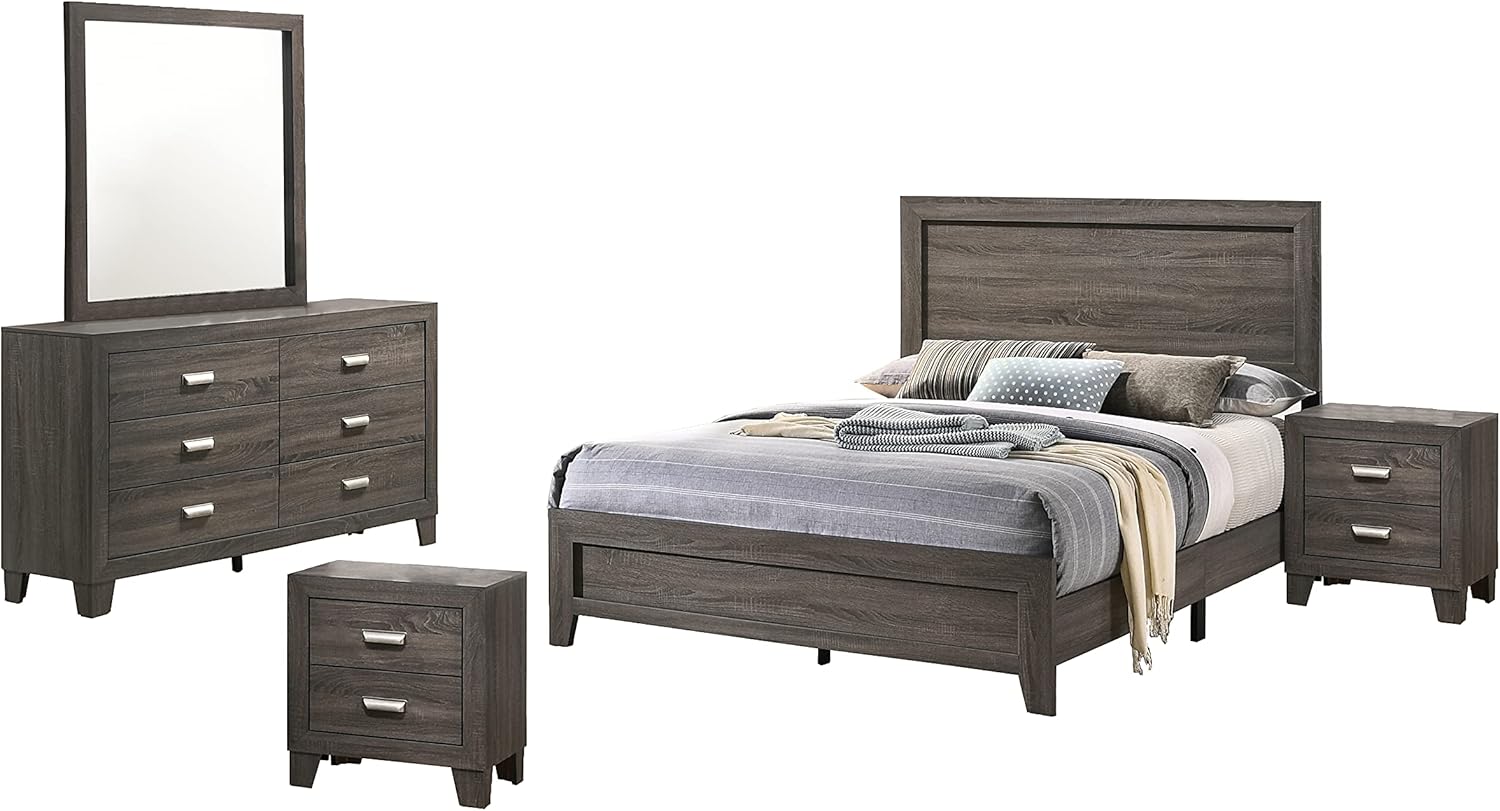 5PC Queen Bed + Dresser + Mirror + 2 Nightstands, Gray