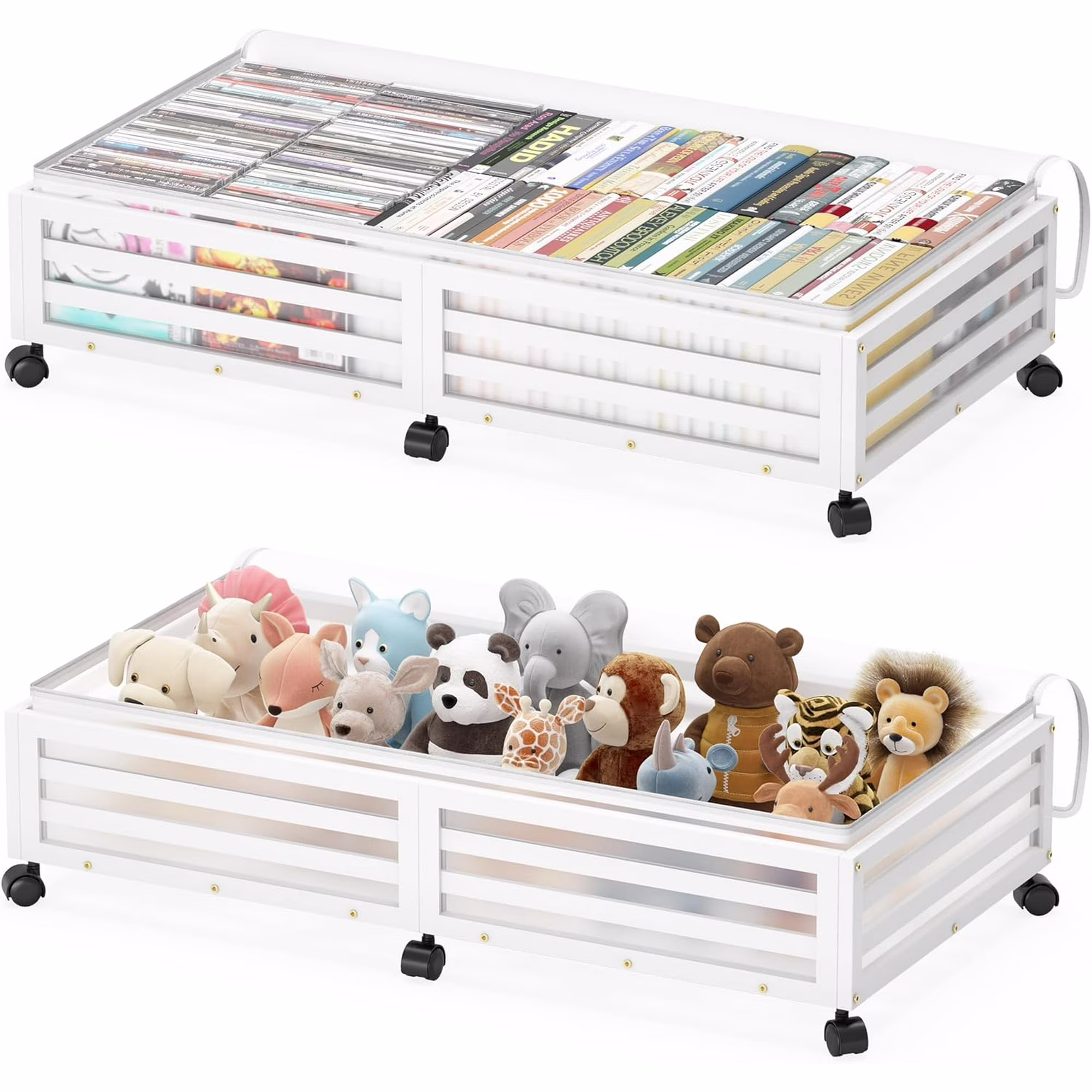 Under Bed Storage Containers With Wheels - 2 Pcs Bamboo Wood Rolling Shoe Storage Bins With Dust Bags for Clothes Blankets, Duvet Covers Snacks Toys (White)