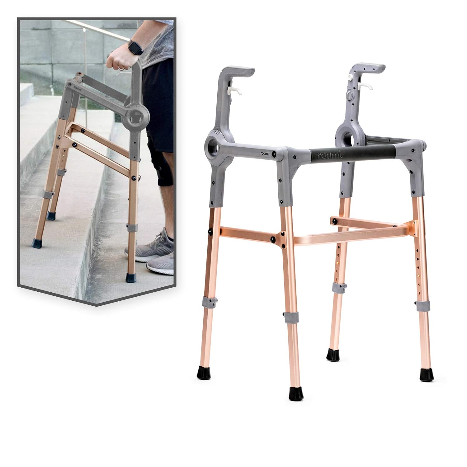 Roami Progressive Mobility Aid, Walker and Self-Adjusting Step Assist, For Going Up and Down Stairs, Ramps, and Steps, Folding and Adjustable, Rehabilitation Aid for Adults or Seniors, Rose Gold