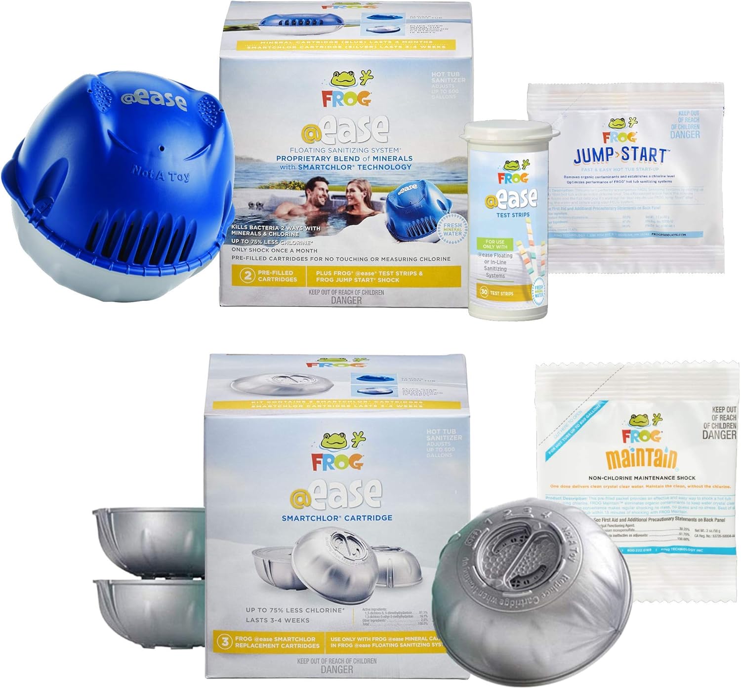 Spa Frog @Ease Floating System and 3 Refill SmartChlor Ease Replacement Mineral Cartridges, 30 Test Strips, Jump Start Shock Plus Bonus Maintain Non-Chlorine Maintenance Shock Pack