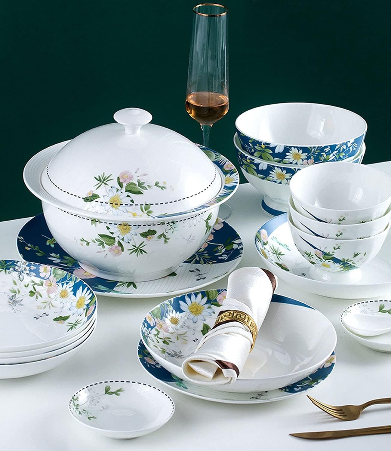 Dinnerware Sets - Luxury Gift Dishes Service Set, 56-Piece Luxury Dinnerware Service for 10 Set Ceramic Bone China Tableware Set Bowl and Plate Mugs Spoon Household Gift