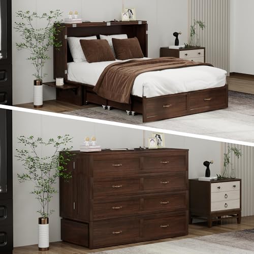 Murphy Bed Cabinet Full, Solid Wood Murphy Bed with 2 USB & 2 Charging Ports, Large Storage Drawer for Home Office or Small Space, Ebony Wood Color(Not Included Mattress)