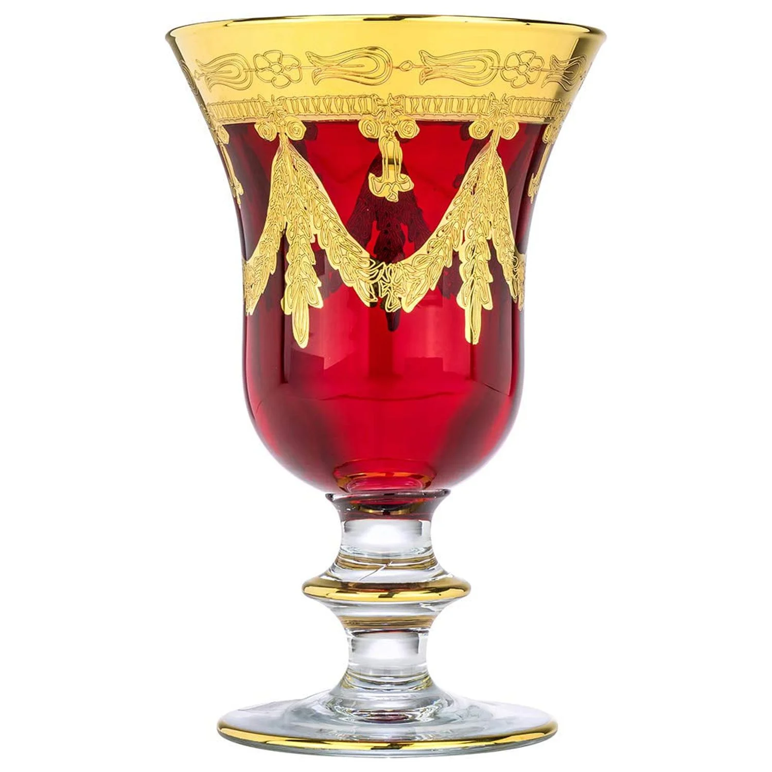 Interglass - Italy Ruby Red Crystal Wine Glasses Vintage Design, 24K Gold Hand Decorated 10 oz Goblets, Set of 1 (Red, Wine)