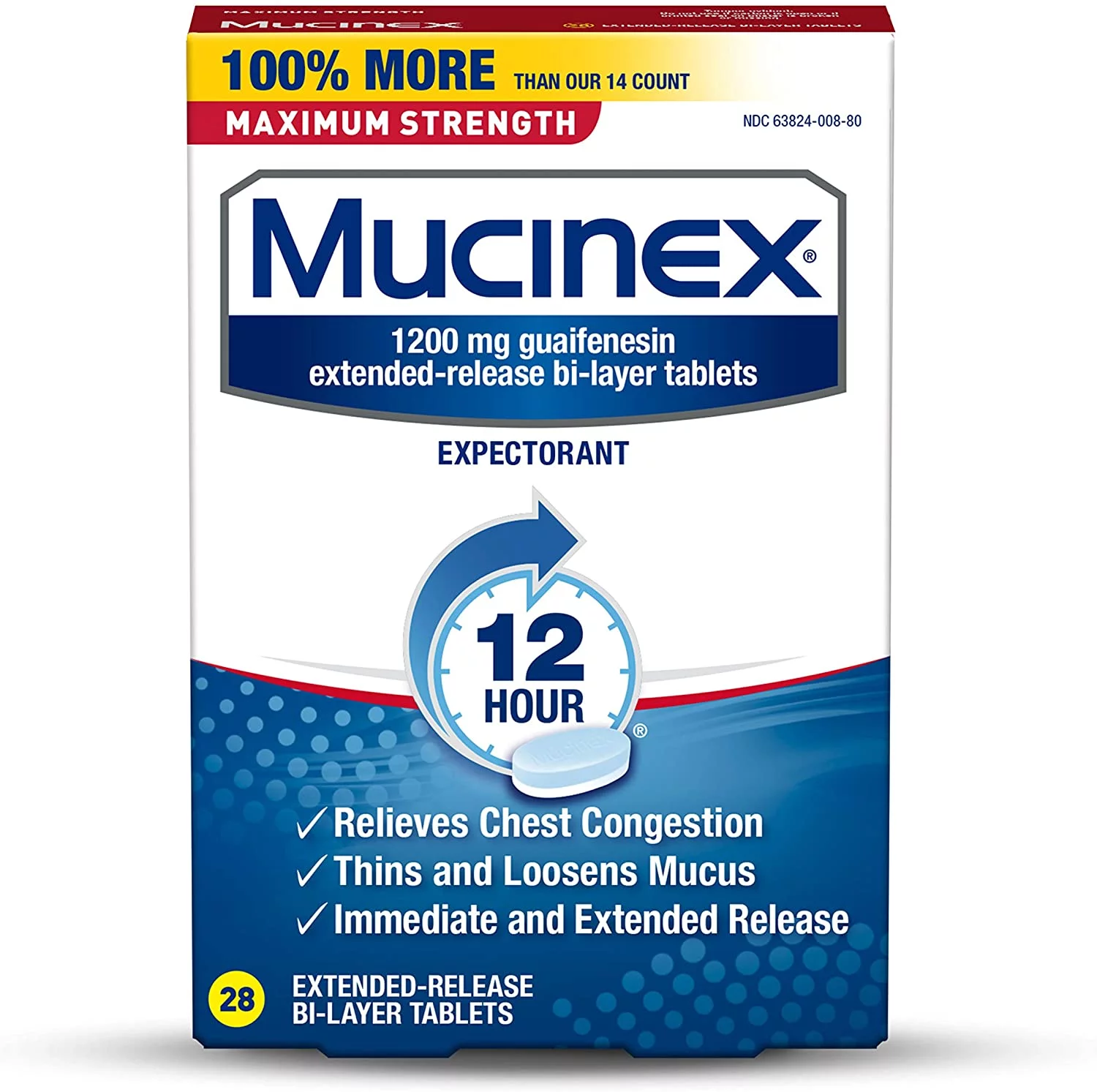 Mucinex Maximum Strength 12 hour Chest Congestion Medicine, Chest Congestion Relief, Expectorant, Lasts 12 hours, Powerful Symptom Relief, Extended-Release Bi-layer Tablets, 28 count (Pack of 3)