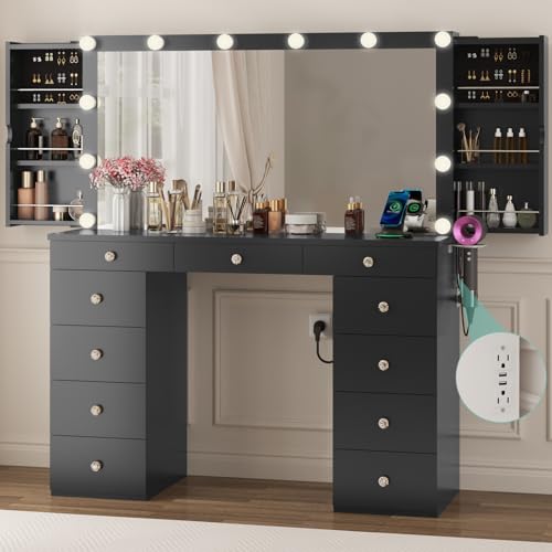 Likein Vanity Desk with Mirror and Lights, White Vanity with Jewelry Storage Cabinet, Makeup Dressing Table with 11 Drawers, Charging Station, Crystal Knobs, 3 Color Lighting Modes for Women, Girls