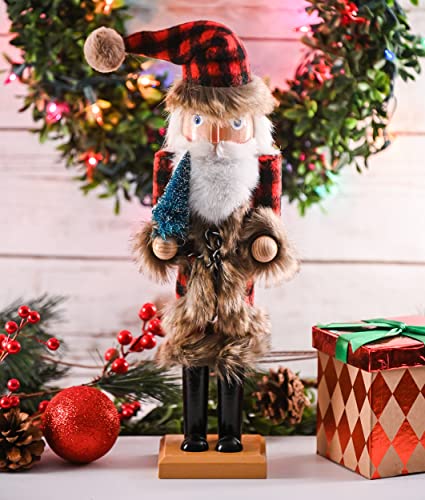 Ornativity Christmas Nostalgic Santa Nutcracker – Red and Black Wooden Nut Cracker Santa Clause Man with Buffalo Brown Fur Plaid Coat Holding a Xmas Tree Themed Holiday Doll Figure Decorations 15