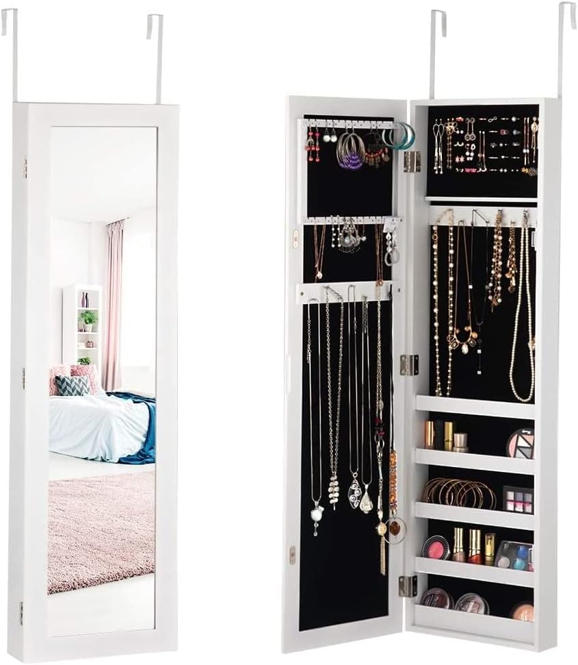 Wall/Door Mounted Jewelry Armoire, Bedroom Large Jewelry Cabinet w/Full-Length Mirror, Dressing Jewelry Organizer w/5 Shelves, Mirrored Jewelry Display Organizer w/16 Hooks & 60 Ring Slots