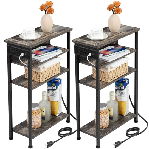 AMHANCIBLE Narrow Side Table with Charging Station, 4 Tier Slim Nightstands, Small End Tables for Small Spaces, Skinny Bedside Table with Storage Shelf, Black HETN04BK-1