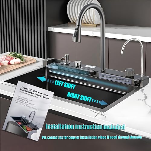 Kitchen Sink with Dual Waterfall Outlets,Digital Kitchen Sink with Cup Washer,Smart Sink with Pull-Out Faucet,304 Stainless Steel Kitchen Sink,Nano Kitchen Sink with All Accessories