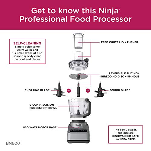 Ninja Professional Plus Food Processor 850-Watts With Auto-iQ Preset Programs Chop Puree Dough Slice Shred With a 9-Cup Capacity and a Silver Stainless Finish (BN600C) - Canadian Version (Renewed)