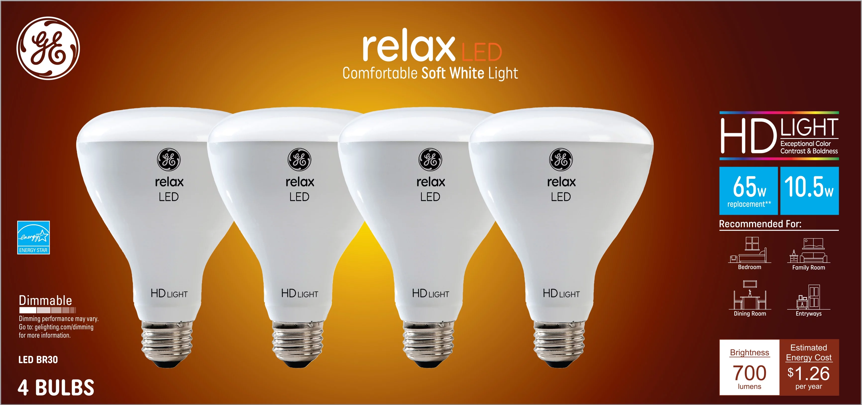 GE Relax LED Indoor Floodlights, Soft White, 65 Watt Replacement, Medium Base, Dimmable (4 Pack)