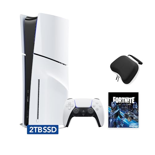 PlayStation 5 Slim Upgraded 2TB Disc Edition Fortnite Cobalt Star Bundle with Wireless Controller and Controller Case - White, Slim PS5 2TB PCIe SSD Gaming Console with Disc Drive