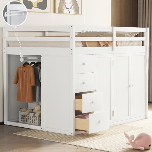 Full Size Loft Bed with Stairs and Wardrobe, Wood Loft Bed Frame with Storage Cabinet, Open Closet and Drawers, Adults Loft Beds with Hanging Rod & Shelves for Kids, Teen, Gray