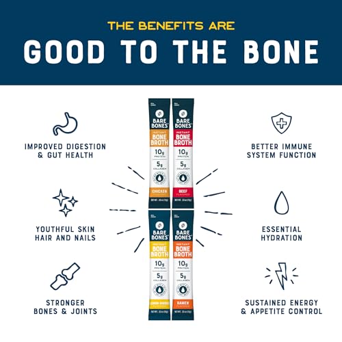 Bare Bones Bone Broth Instant Powdered Beverage Mix, Chicken & Beef, Variety Pack of 32, 16 Chicken & 16 Beef - 15g Sticks, 10g Protein, Keto & Paleo Friendly