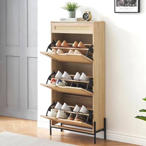 Stylish Rattan Shoe Storage Cabinet with 3 Flip Doors, 1 Drawer, and Adjustable 3-Tier Shelves - Perfect for Entryway, Hallway, Living Room, and Bedroom (Oak Color, Space-Saving Design)