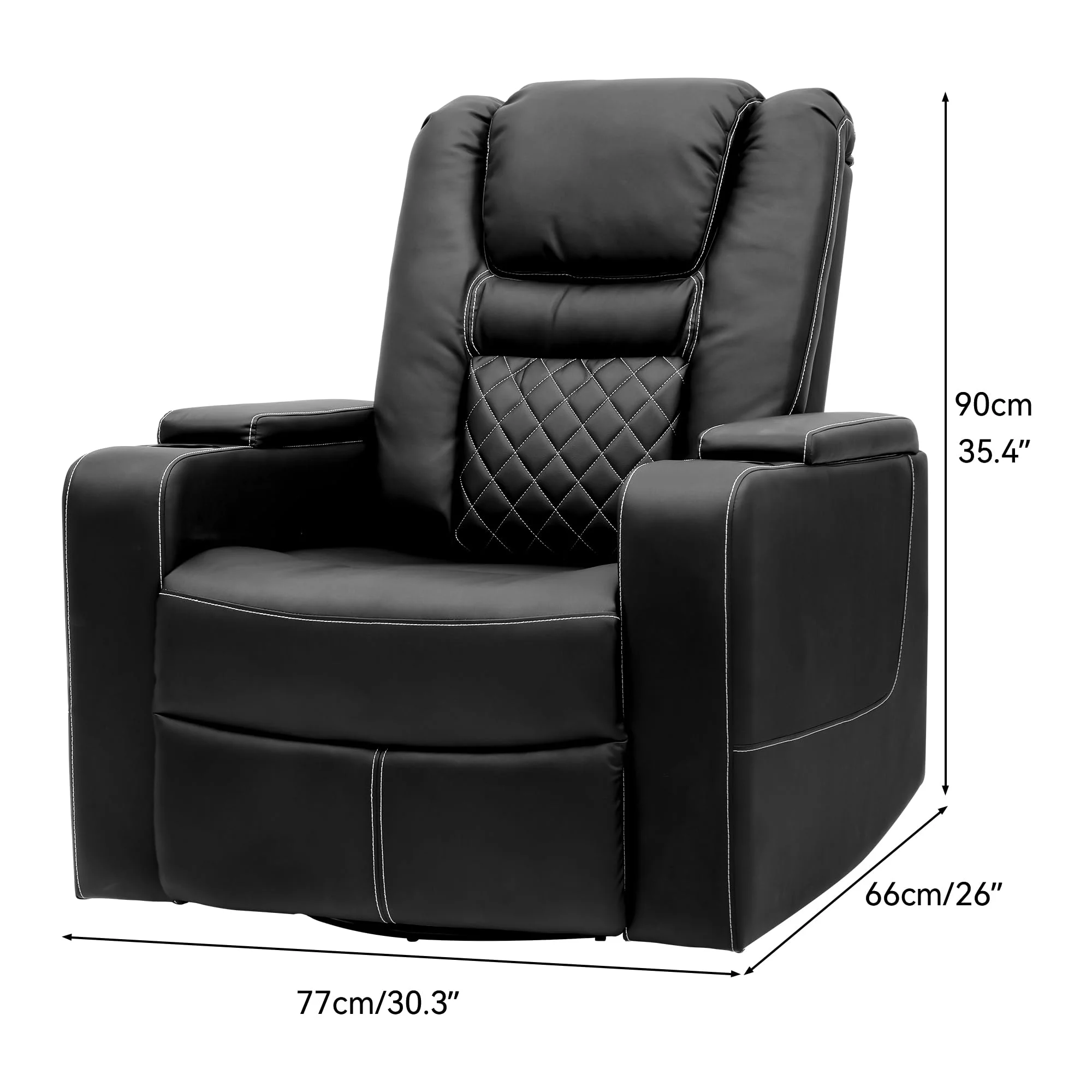 Dextrus Swivel Recliner with Flip Armrests, Manual Pull Loop, and Cup Holders, Soft Leather Recliner Glider for Home Theater - Black - Radiant Selections