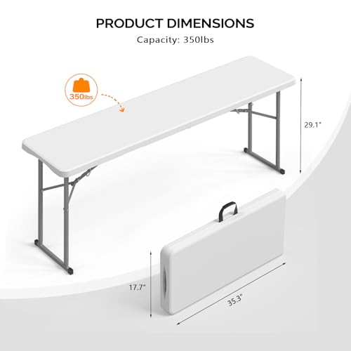 VINGLI 6 FT Narrow Folding Table, Tabletop Folded in Half, Premium Quality HDPE Material and Sturdy Metal Frame, Perfect for Buffet, Seminar, Party, Training, Home Work, White