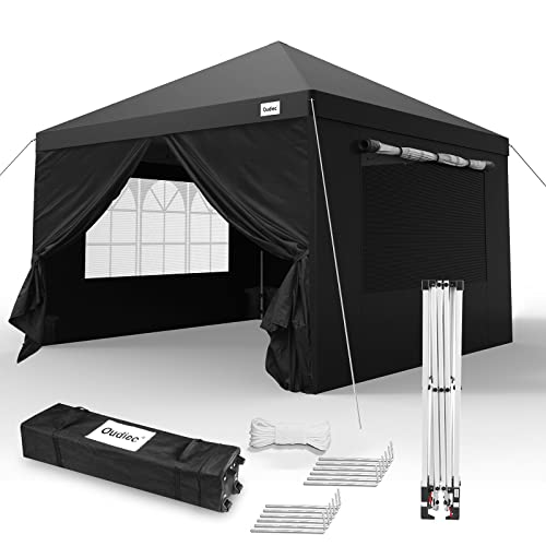 Pop up Canopy Tent with Window, 10x10 Ft Outdoor Gazebo Tent with Removable Zip up Sidewall and Doors, 1 Bonus Wheeled Case, Waterproof Camping Shelter for Patio Family Wedding Events, Black