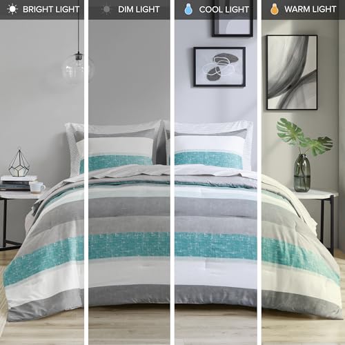 Madison Park Essentials Queen Comforter Set, Bed in A Bag Comforter & Sheet Set, Modern Casual Stripes Print, All Seasons, Soft Microfiber Bedding Makeover, Matching Shams, Queen Aqua/Grey 7 Piece
