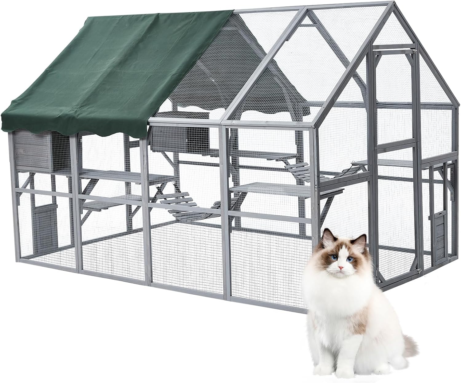 Large 3-Tier Outdoor Cat House, Small Animal Enclosure with 2 Lockable Cat Doors and a Walk in Door, Large Catio with Half Waterproof Cover, Portable Kitty House with Resting Boxes