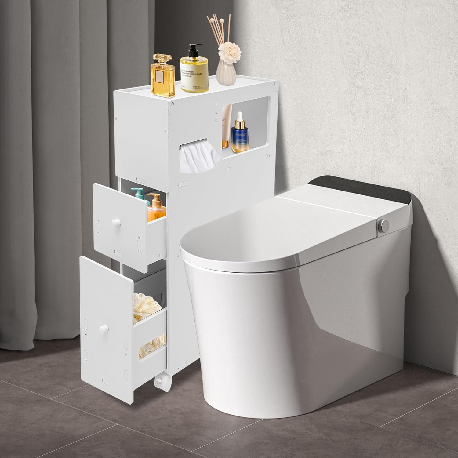 Bathroom Cabinet,Bathroom Storage Cabinet,Rolling Narrow Bathroom Storage Cabinet,Slim Bathroom Storage Cabinet for Home,Bathroom,White